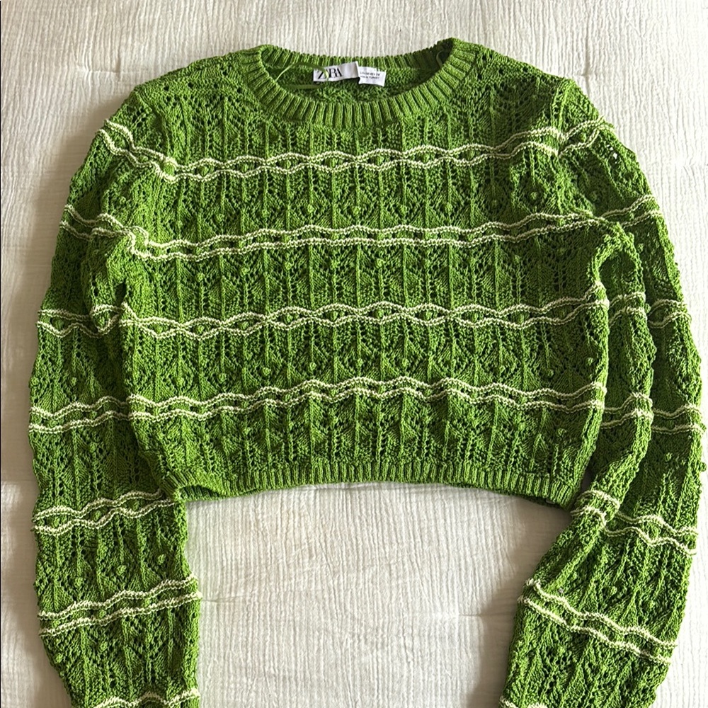 Zara Green Crew Neck Sweater with Textured Knit